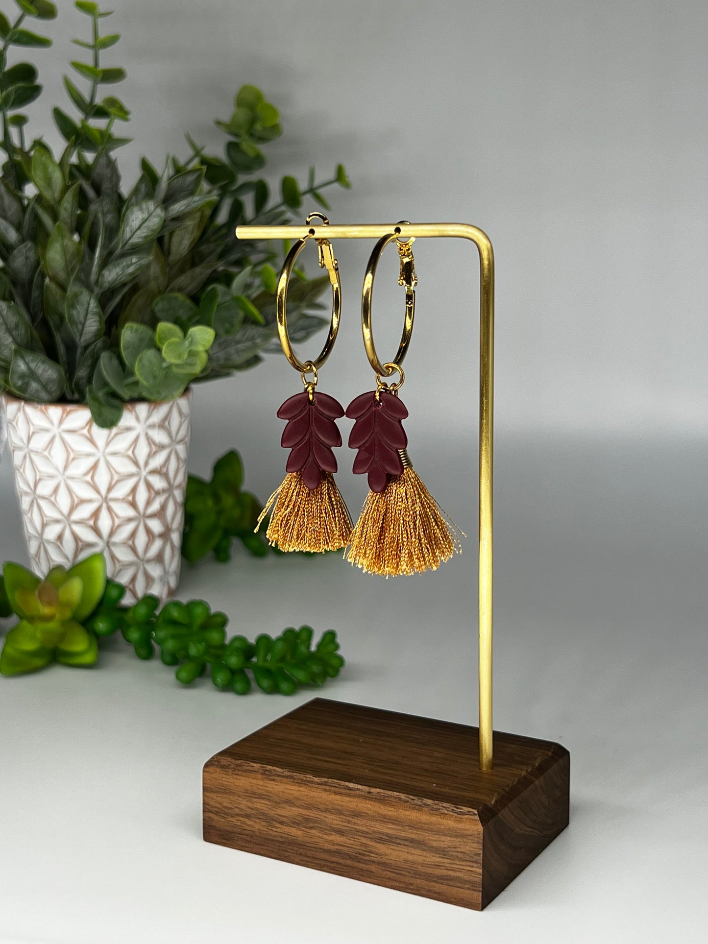 Burgundy Tassel Hoops