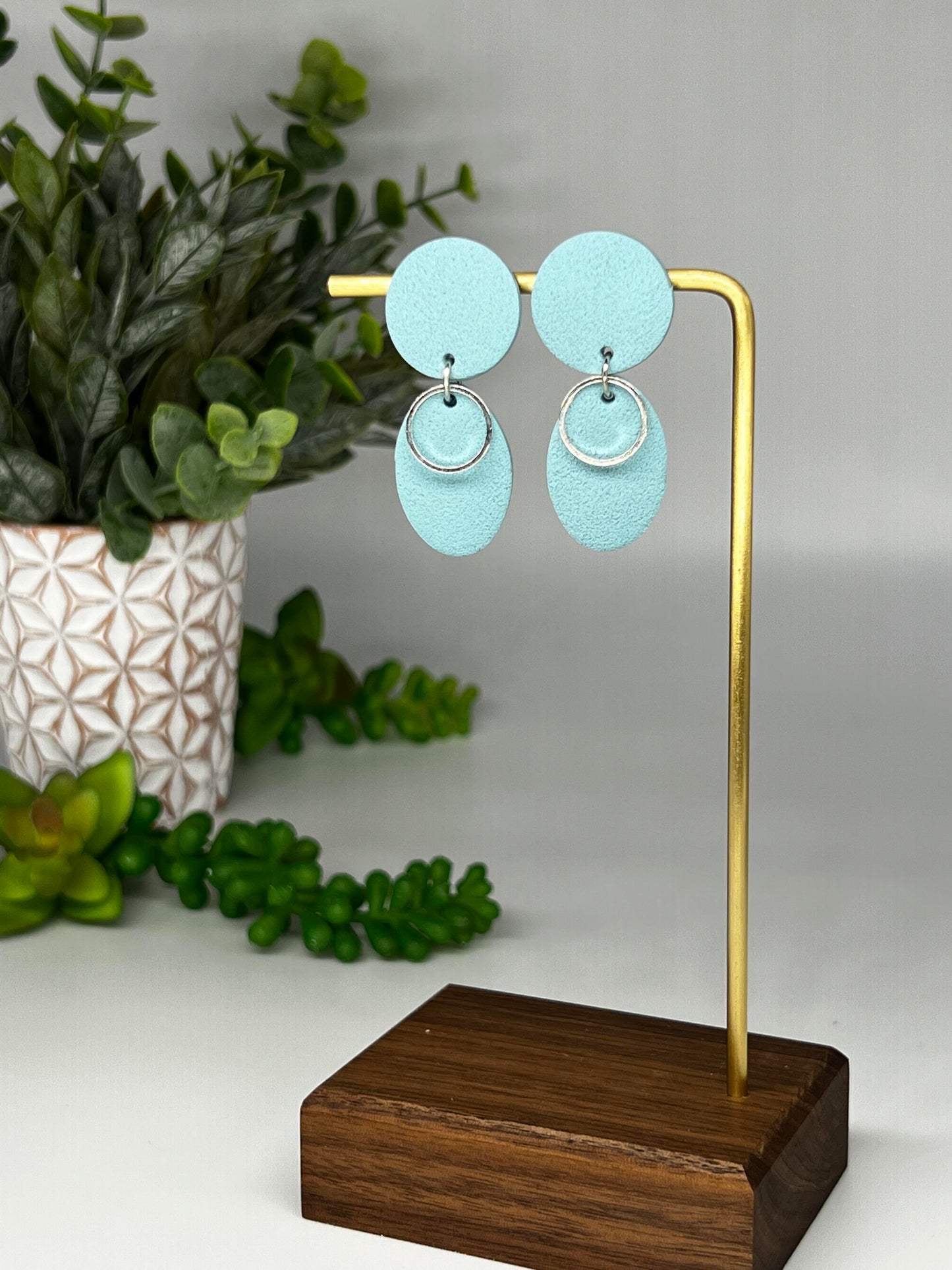 Solid Teal Oval Dangle with Silver Accent