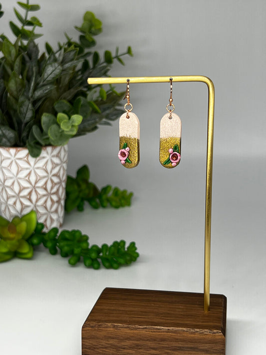 Blush Oval Dangle with Golden Florals