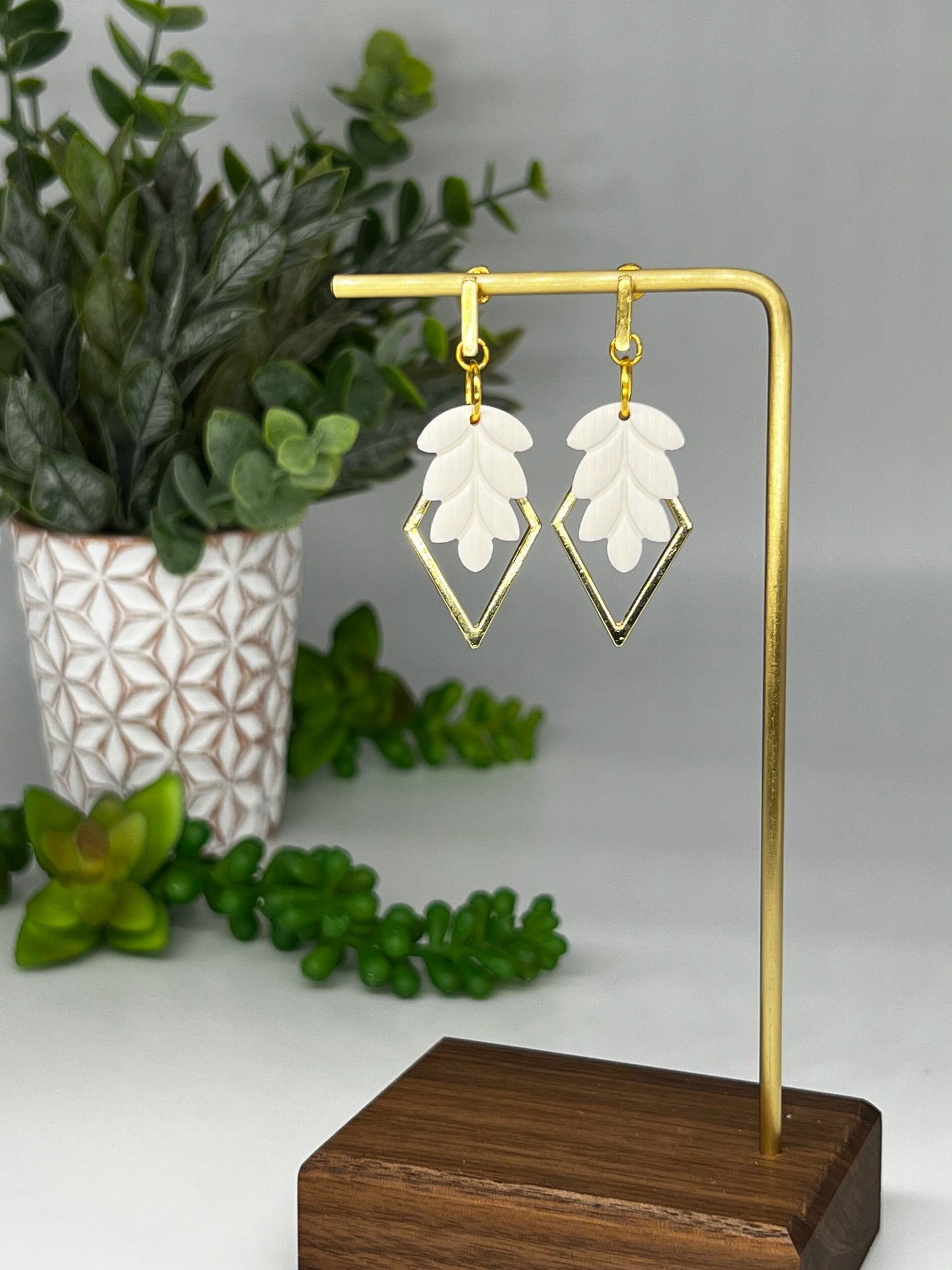 White Leaf with Gold Accent Dangle Earring